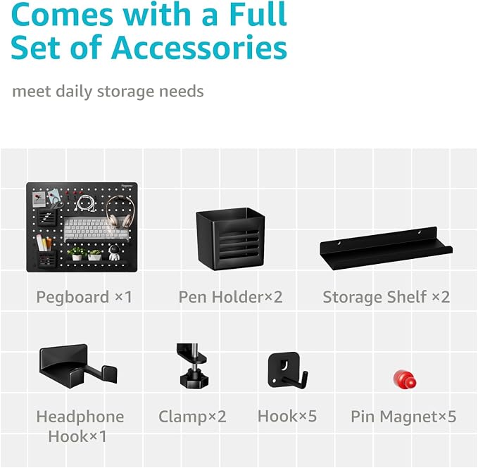 PEGZONE 20.4" x 16.5" Clamp-on Desk Pegboard, Bundle with 8 Pieces Accessories, Black - Image 3