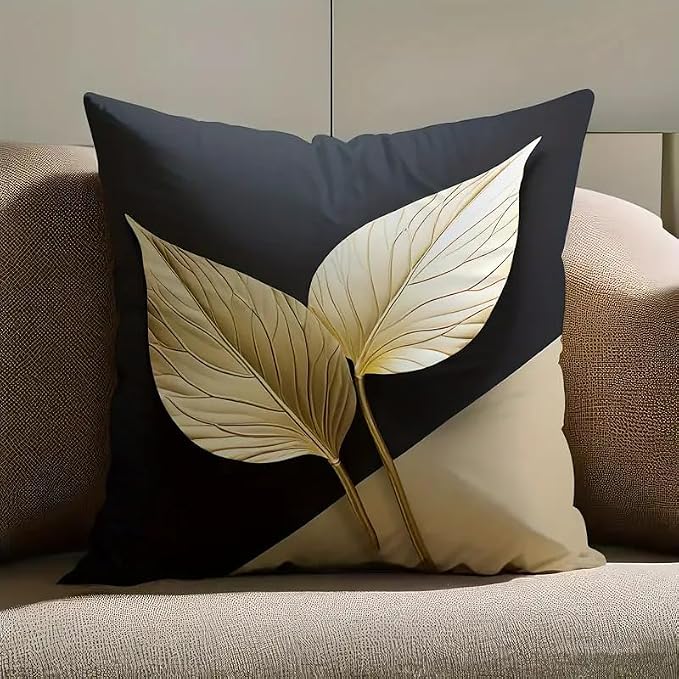 2pcs Modern Decorative Linen Throw Pillow Cover, Black and Beige with Gold Leaf Design, Square Cushion Case for Home Decor，Luxurious Black & Beige/White Accents, 18x18 Pillows Pillowcase - Image 3