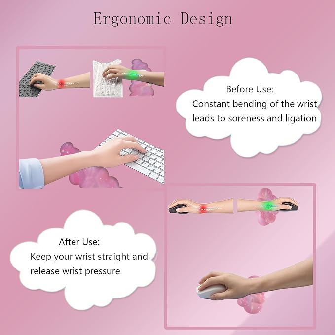 Cloud Mouse Pad Keyboard Wrist Rest 4PCS Galaxy Space Extended Large Desk Mat Pad Set Memory Foam Non-Slip Ergonomic Gaming Mouse Pad Wrist Support for Computer Laptop Home Office Cute Pink Stars - Image 5