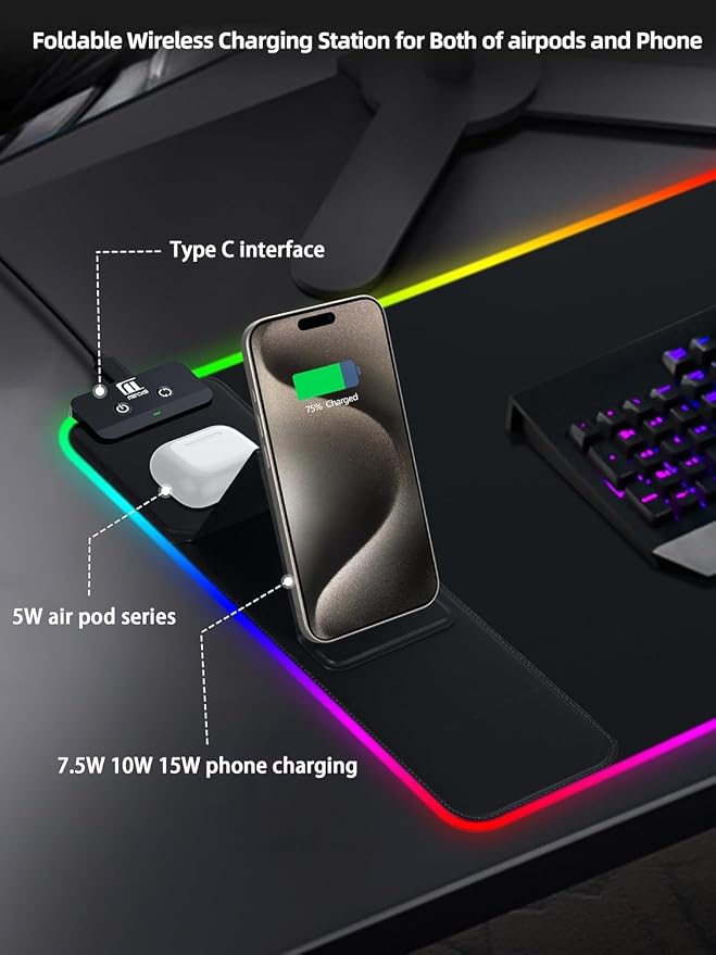 XXL Mouse Pad with Phone Holder - Black, RGB Desk Mat with 15W Fast Charging, LED Gaming Mousepad with 11 Light Colors, Waterproof Non-Slip Pad for Office & Home (Black with PD Adapter) - Image 4