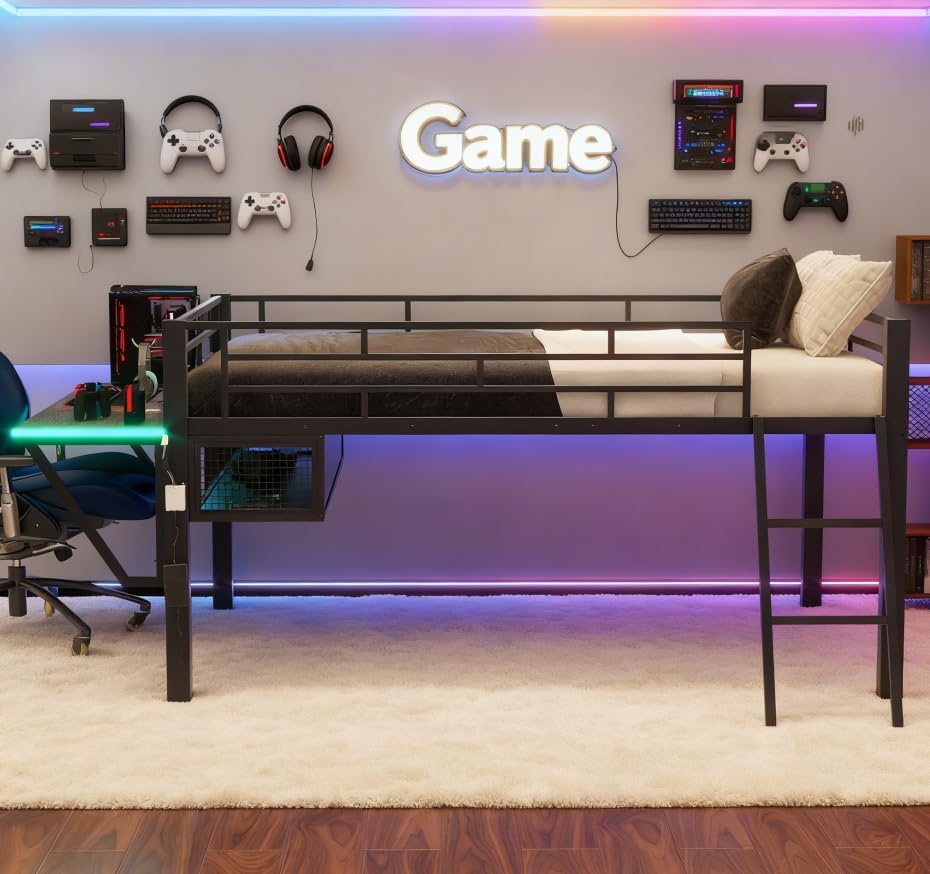 Bellemave Full Loft Bed with Desk, Gaming mid loft Bed with Desk, LED for Adults, Teens, Kids, Black - Image 3
