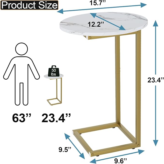 C Shaped End Table, Oval Couch Side Tables for Living Room, Sofa End Table with Metal Frame, Small Wooden Snack Table for Bedroom, Small Spaces, Easy Assembly, Gold - Image 2