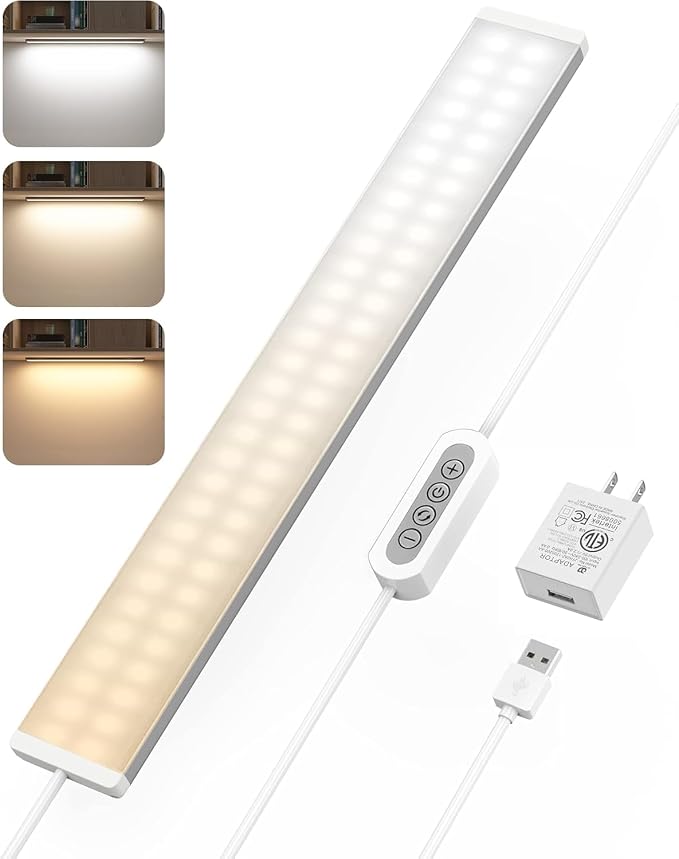 ASOKO Under Desk Light, 16Inch Dimmable LED Under Cabinet Lighting, USB Plug in Cabinet Light for Kitchen/Shelf/Workbench/Cupboard, 3000K/4000K/6000K by ASOKO