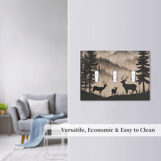 Decorative Light Switch Cover Plate Rustic Black Deer Elk Brown Wood Board Pine Tree 3 Gang Wall Plate Triple Toggle Switch Plate Covers 3 Hole Electrical Switchplate Dimmer Faceplate Decor - Image 7