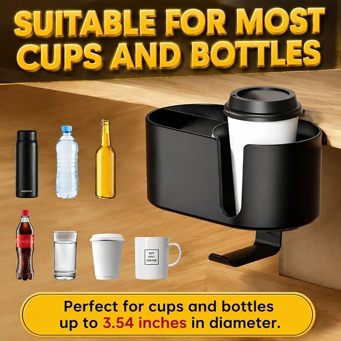 4 in 1 Desk Cup Holder Clamp, Desk Side Drink Holder with Headphone Hook - Image 2