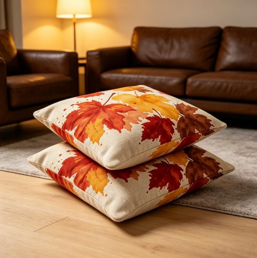 Fall Throw Pillow Covers, Autumn Maple Leaf Watercolor Print, Linen, 18x18 Inch, Set of 2, Farmhouse Style,Thanksgiving Decorations - Image 5