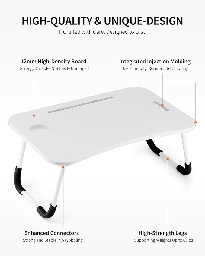FISYOD Foldable Laptop Table, Portable Lap Desk Bed Table Tray, Laptop Stand with Cup Holder & Tablet Slot & Lifting Handle for Working Writing Drawing & Eating (White) - Image 5