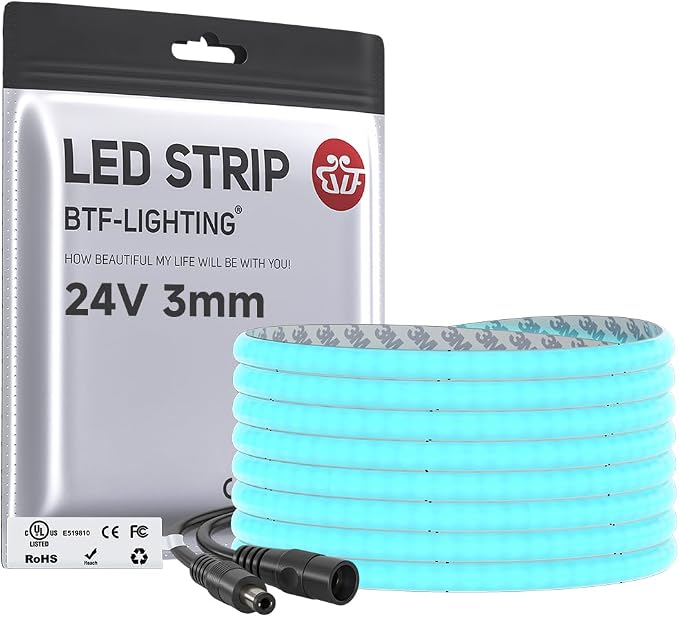 BTF-LIGHTING UL Listed Ice Blue Color 3mm Width FCOB COB LED Strip Light by BTF-LIGHTING