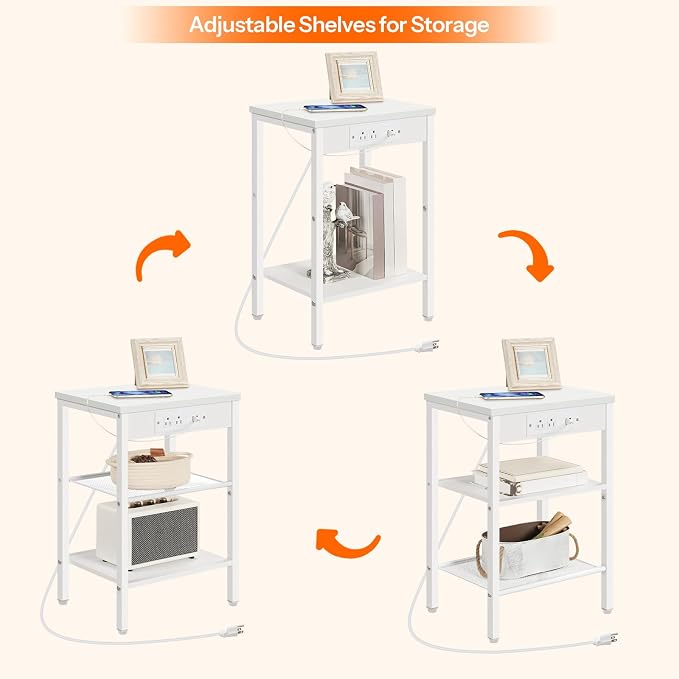HOOBRO Side Table with Charging Station and USB Port, Small End Table for Small Space, 3-Tier Nightstand with Adjustable Shelf, for Living Room, Bedroom, White WW112BZ01 - Image 7