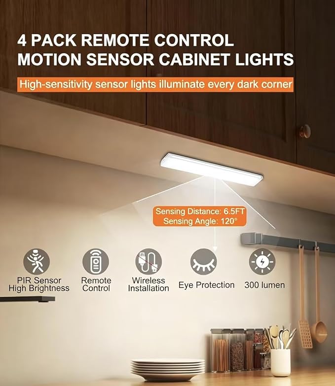 Under Cabinet Lights Wireless, 58-LED Rechargeable Motion Sensor Closet Lights with Remote Control, RGB Color Changing Under Counter Lights for Kitchen, Pantry, Bedroom, Stairs, 4 Pack - Image 3