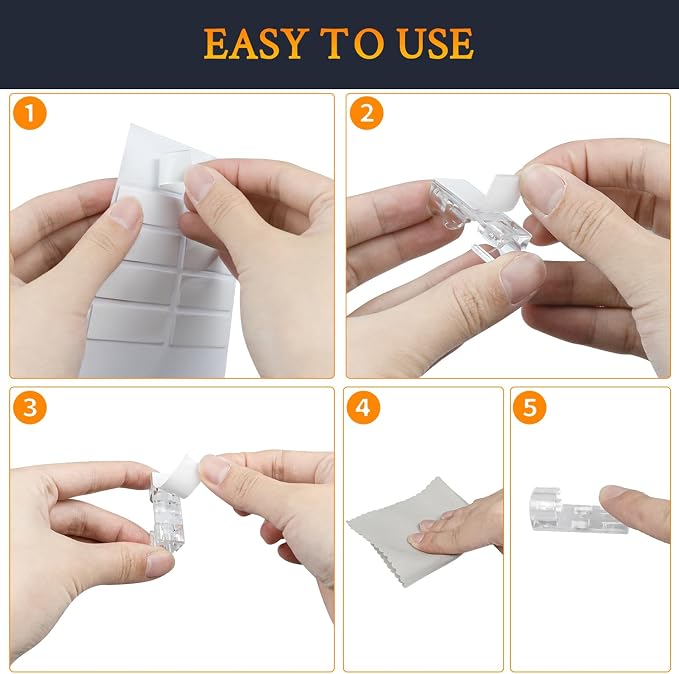 SOULWIT 50 Pcs Self Adhesive Cable Management Clips, Cable Organizers Sticky Wire Clips Cord Holder for TV PC Laptop Ethernet Cable Desktop Home Office (Transparent) - Image 8