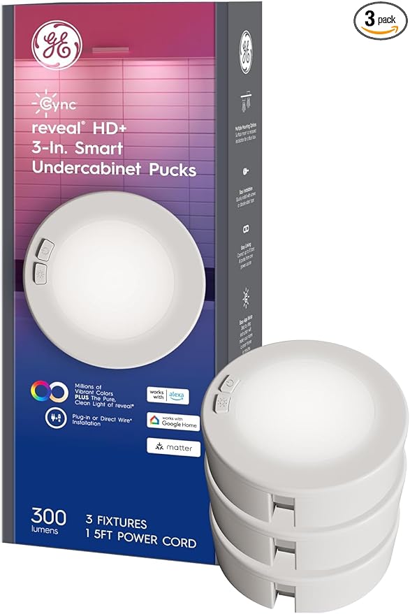 Cync GE Reveal HD+ Color Changing Smart Puck Lights, Wi-Fi, 3-Pack by CYNCSmartHome