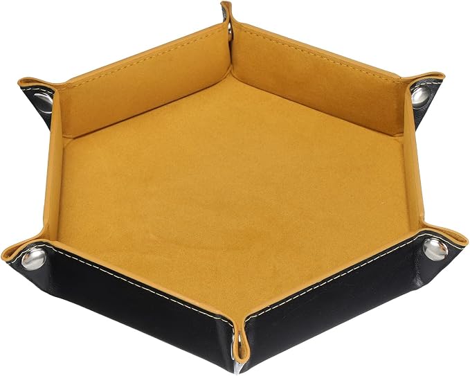 HARFINGTON PU Leather Dice Tray Unisex Valet Tray Folding Hexagon Tray Portable Entryway Table Nightstand Bedside Desk Holder for Key Wallet Watch Coin Jewelry, Yellow - Image 3