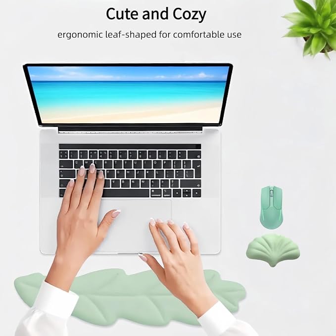 inbesk Angel Wing Wrist Rest Ergonomic Memory Foam Wrist Rest for Computer Keyboard Mouse Set, Cute Gaming Keyboard Cushion Hand Support PU Leather Surface Anti-Slip Waterproof Green-Leaf - Image 7