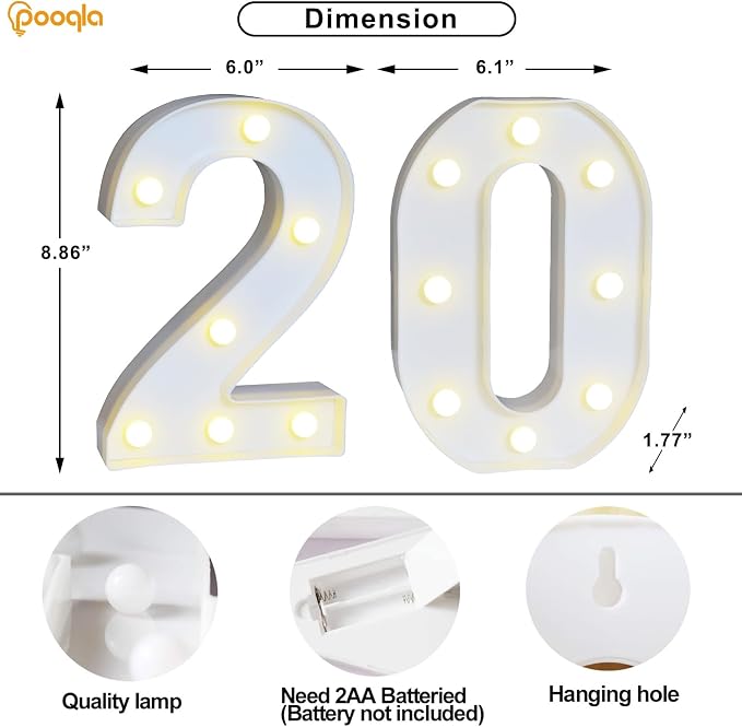Pooqla 20th Birthday Decoration for Her Him, Decorative LED Light Up Numbers, Marquee Numbers 20 Sign for Party Backdrop 20th Wedding Anniversary Decor, Warm White and Cool White Number 20 - Image 5