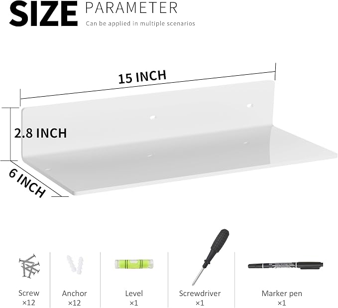 12 Inches White Acrylic Wall Shelves Set of 4, Wall Mounted Shelves Moel Car, Candle, Calendar, Towel, Tissue, Doll, 2 Pack - Image 3