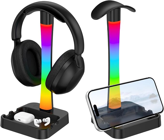 Headphone Stand with Charger,Gaming Headset stand with RGB Light Mode,For Airpod Max Stand,Desk Lamp,Phone Holder,Tablet Holder,desktop organizer,Gifts for Gamers & Music Lover(Black) by Unknown