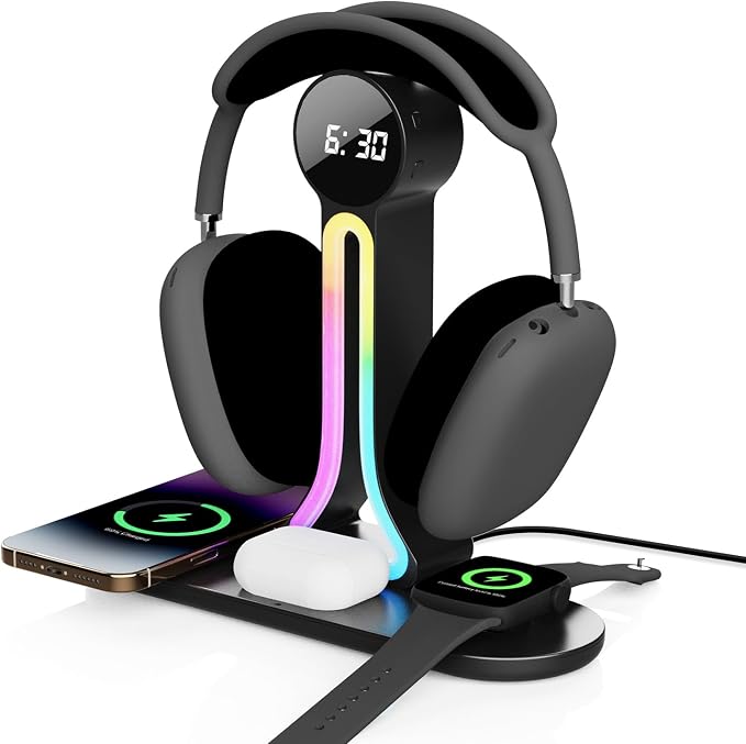 Transform Your Desk – 3-in-1 Wireless Charging Station with Headphone Stand, Dual USB Ports, 15W Fast Charger for Phone/A-irPods/A-pple Watch, RGB Light, LED Alarm Clock – Charge 5 Devices at Once - Image 9