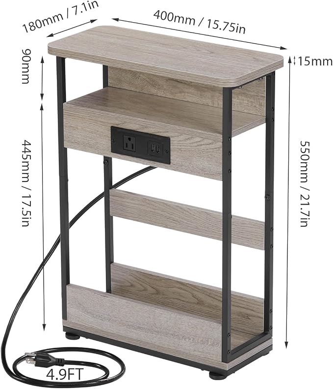 YEAKOO Narrow Side Table with Charging StationSmall Spaces Narrow End Table - Image 3