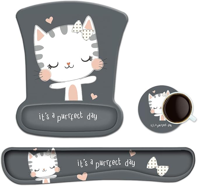 ToLuLu Keyboard Mouse Pad Wrist Rest, Gel Ergonomic Mouse Pads for Computer Laptop Office Home, Comfortable Mousepad Keyboard Wrist Support Memory Foam for Easy Typing Pain Relief, Cute Cat by ToLuLu