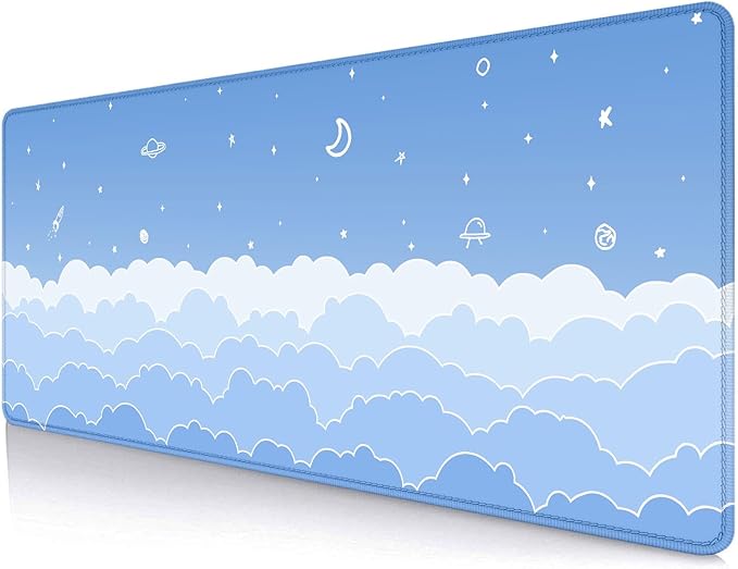 IMAYONDIA Cute Pastel Blue Desk Mat, Aesthetic Stars Moon Desk Pad, Kawaii Anime Deskmat, Gradient White Clouds Computer Pad, Minimalist Large Gaming Mouse Pad Mousepad, 31.5 X 11.8 Inch by IMAYONDIA