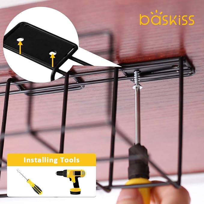 2 Packs Cable Management Tray, 16" Under Desk Organizer for Wire Organization, Metal Holder for Desktop Computer Home Office Kitchen Workstation to Cover and Hide Power Strips (Black) - Image 3