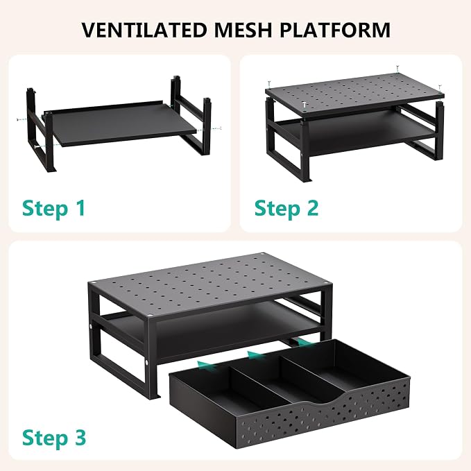 WALI Monitor Stand Riser with Drawer | Desk Organizers and Accessories for Computer, Printer, Laptop Stand for Home Office Supplies, (PTT005-B), 1 Pack, Black - Image 9