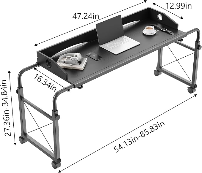 Overbed Table with Wheels, Adjustable Queen & King Bed Desk, Black - Image 2
