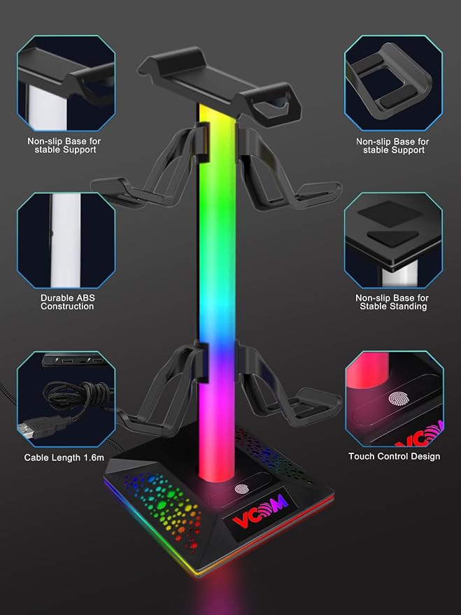 VCOM RGB Gaming Headphones Stand with 2 USB and 1 Type-C Ports, Headset Stand with 10 Light Modes and Non-Slip Rubber,Suitable for All Earphone Accessories, Best Gift for Desk Gamers - Image 5