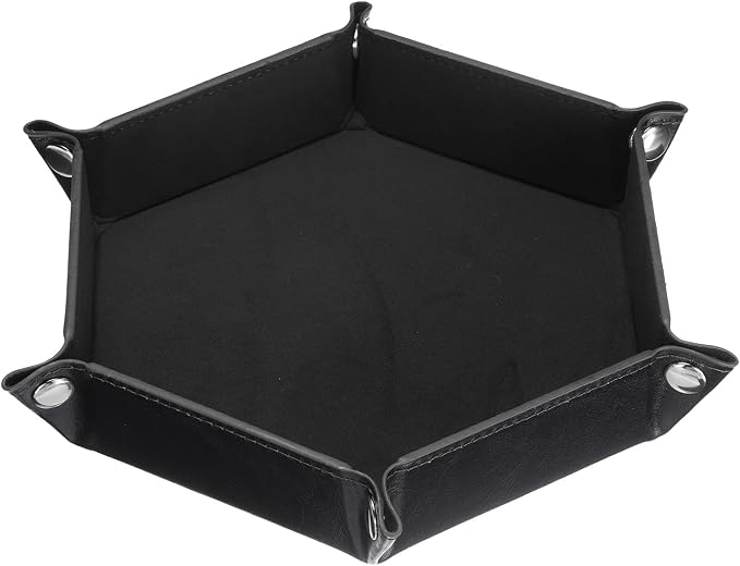 HARFINGTON PU Leather Dice Tray Unisex Valet Tray Folding Hexagon Tray Portable Entryway Table Nightstand Bedside Desk Holder for Key Wallet Watch Coin Jewelry, Black - Image 3