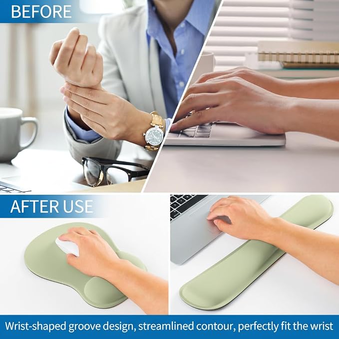 RICHEN Wrist Rest Support for Mouse Pad&Keyboard Set with Coaster,Concave Curved Memory Foam, Non-Slip Base Pain Relief Comfortable Easy Typing Pad for Home/Office (Sage Green) - Image 5