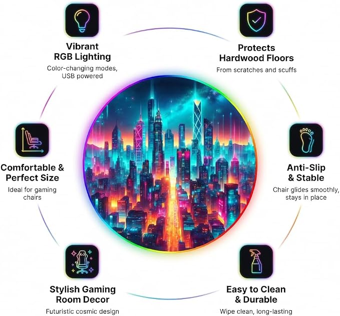 Gaming Chair Mat for Hardwood Floor Circle RGB Gaming Lights (Future City 47”) - Noise Cancelling, Anti-Slip Gamer Floor Mat – Scratch Resistant Computer Gaming Mat for Chair - Image 4