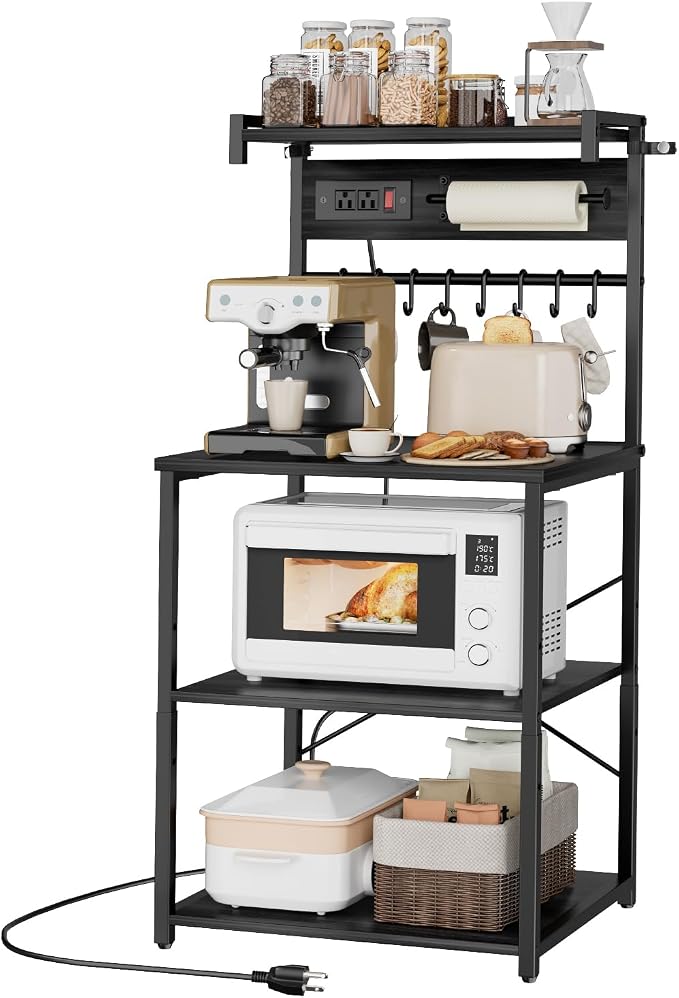 VEVOR Kitchen Bakers Rack with Power Outlets, 23.6 x 15.7 x 55.1 Inch Microwave Stand with Built-in Power Strip & 4.6 Ft Cord, 8 S-Shaped Hooks, for Dish Storage, Spice Jars, Coffee Bar Organization by VEVOR