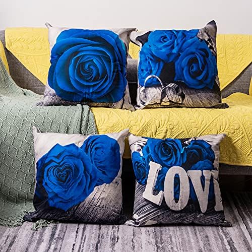Royal Blue Throw Pillow Covers Set of 4 20 x 20" Decorative Navy Blue Rose Flower Pillow Case Square Cushion Linen Case for Bedroom Living Room Sofa Couch Indoor Outdoor Patio Car Decor Pillowcase - Image 2