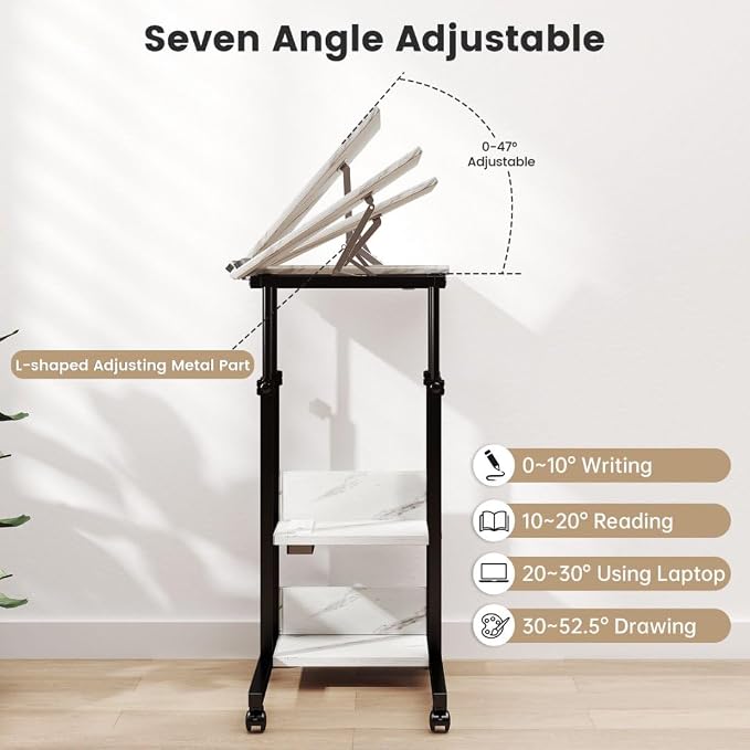 Hadulcet Adjustable C Table with Charging Station, Tiltable Desk C Shaped End Table for Couch, Over Bed Table with Wheels Adjustable Height, Hospital Table Laptop Stand Drawing Desk, Marble White - Image 6