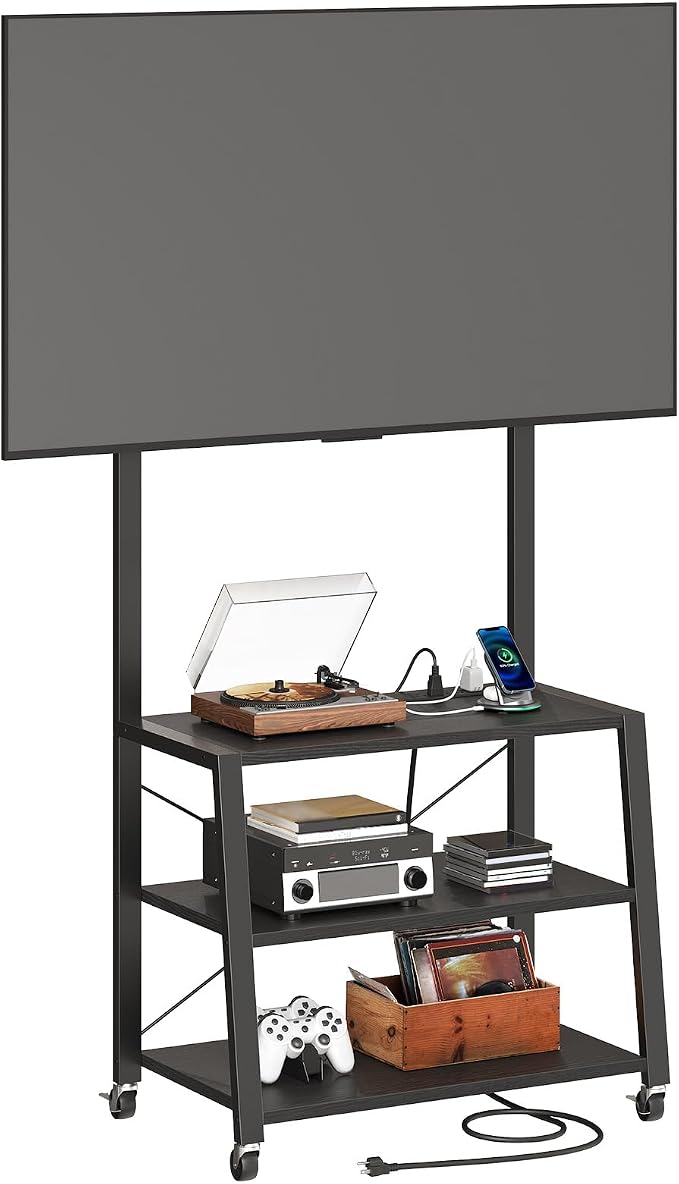 HOOBRO Rolling TV Stand with Mount and Power Outlet Up to 55 inch TVs, Corner Entertainment Center, Small TV Stand with 3-Tier Storage Shelves for Living Room, Bedroom, Black BB66UDS01 - Image 9
