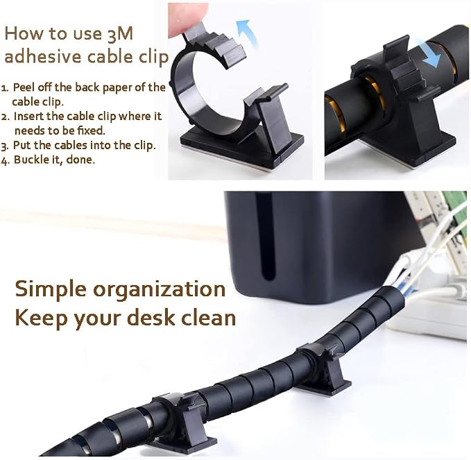 Large PC Cable Management Tube Sleeve Under Desk Wire Organizer for Cords 2 PCS Black, 1.1 inch -5 ft EZ Spiral Cable Wrap Cover Bundler w/Clips for TV Office, Pet Proof Cable Protector - Image 5