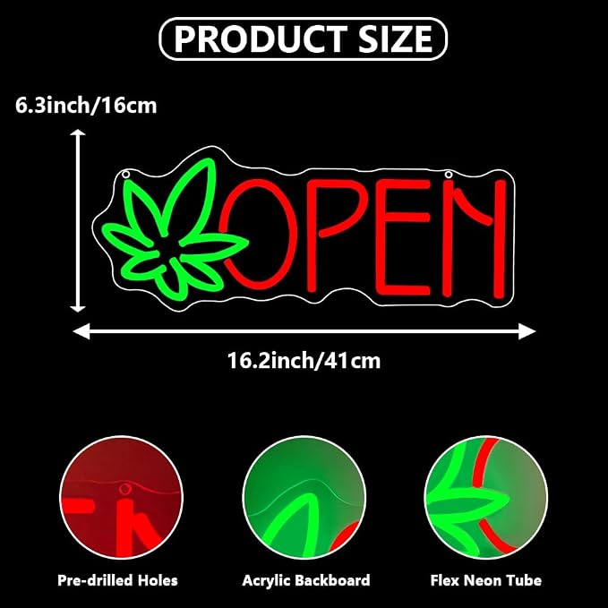 Green Leaf Neon Sign, Open Led Neon Light Signs for Wall Decor LED Light up Sign for Bar Home Beer Bar Pub Night Club Party Hotel Birthday Man Cave Club Pub Party Decor Gift USB Powered(16.2"*6.3") - Image 3