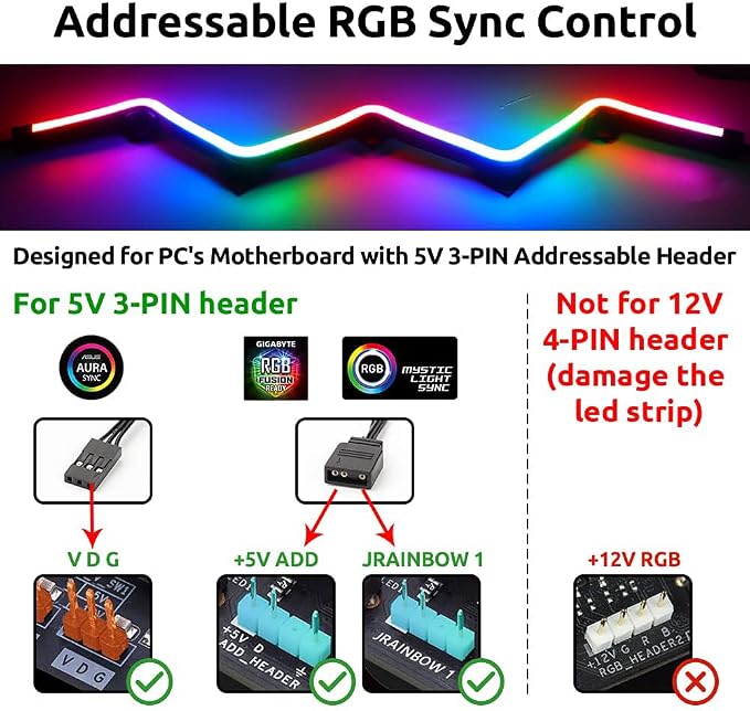 NEON Addressable RGB PC LED Strip, 2x15.7inch WS2812 RGB Rainbow Magnetic ARGB Strip for 5V 3-pin Aura SYNC, Gigabyte RGB Fusion,Mystic Light Sync, with 12pcs Strong Magnetic Brackets - Image 5