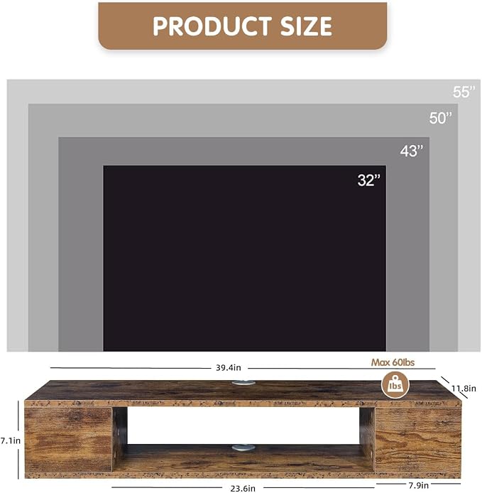 GHC Floating TV Stand, Wall Mounted Entertainment Center and Cabinet Shelf, TV Console with Storage, Media Console for DVD Player, Space-Saving Under TV Shelf for Bedroom (Rustic Brown) - Image 2