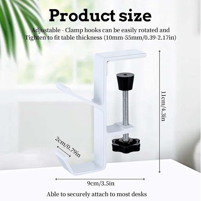YUANQIAN Clamp-On Under Desk Headphone Holder Backpack Hook Students' Desk Hook with Adjustable Arm Clamp Women's Bag Handbag and Purse Holder -Suitable for Plate Between 1-5cm (2Pack White, 2) - Image 2