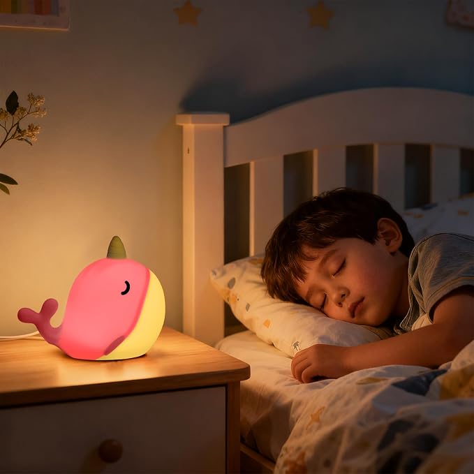 Cute Narwhal Night Light, Tap Control with 3 Warm White Brightness, USB Kids Bed Lamp with 30-Minute Timer, Soft Silicone Glow for Nursery, Birthday Gift (Pink Narwhal) - Image 7