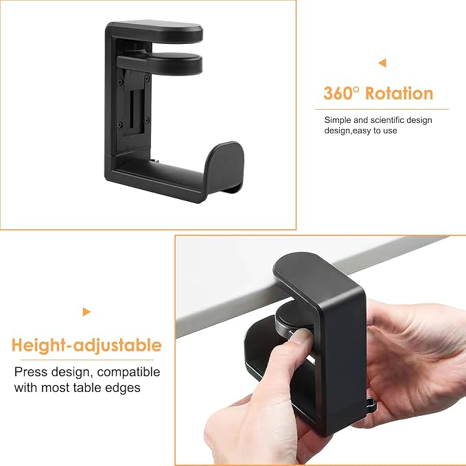 Rotating Headphone Stand, No-Drill 360° Rotating PC Gaming Headset & Controller Holder, Under Desk Hanger with 360 Degree Swivel & Cable Clip Organizer - Image 7