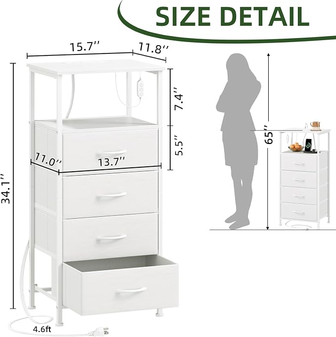 Somdot Tall Nightstand with 4 Drawers, Charging Station & LED Light - Image 3