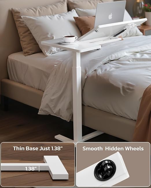 Simple Deluxe Overbed Bedside Table with Hidden Casters, Height Adjustable Desk with Tilting Top, Mobile Rolling Laptop Desk, Standing Rolling Desk Hospital Home Use, White - Image 7