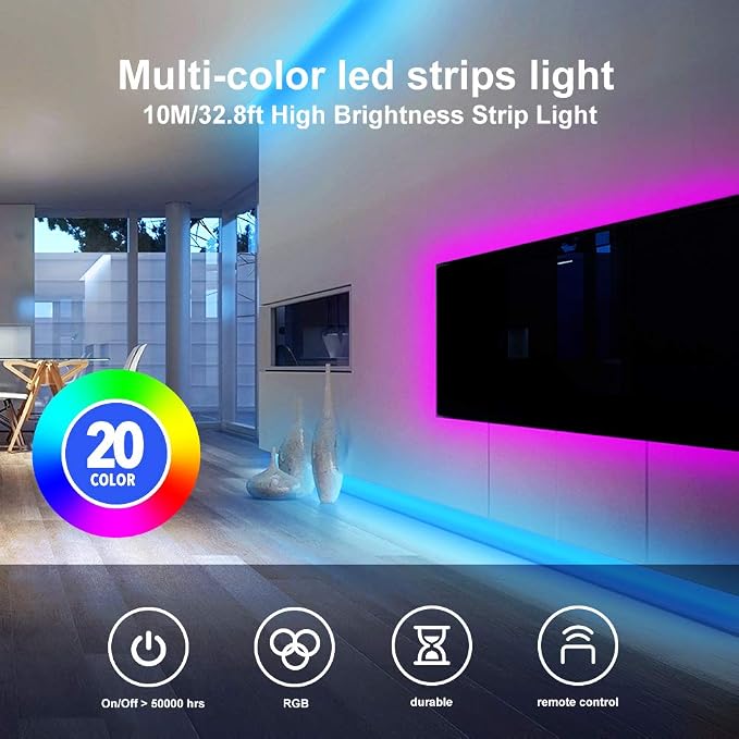 DAYBETTER Led Strip Lights 32.8 ft RGB Color Changing Lights Strip for Bedroom, Desk, Home Decoration, with Remote and Power Supply - Image 7