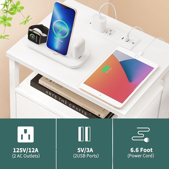 Yoobure Night Stand with Charging Station, LED White Nightstand for Dorm - Image 5