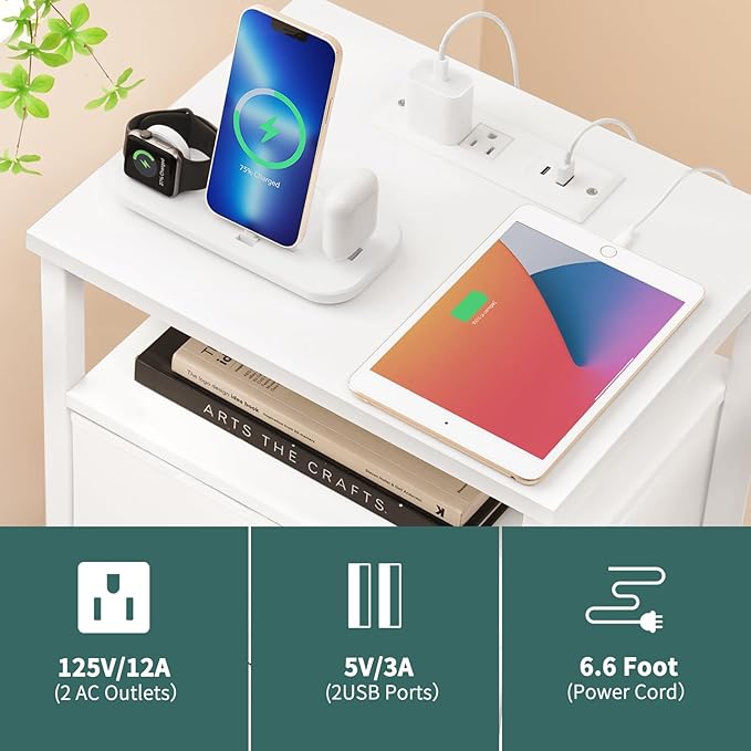 Yoobure Night Stand with Charging Station, White Nightstand with 3 Fabric Drawers & USB Ports and Outlets, LED End Table and Storage Shelf, Small Dresser for Bedroom, Bedside Table for Small Space - Image 6