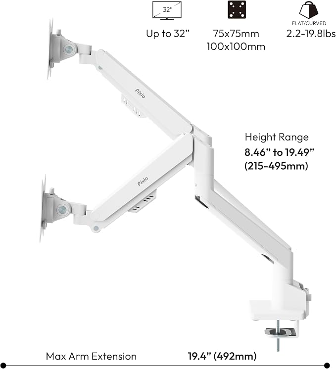 Pixio PS1D Wave White Dual Monitor Arm Stand Desk Mount - Fits up to 32 inches Monitors and up to 19.8lbs. VESA Compatibility and Integrated Cable Management - Image 4