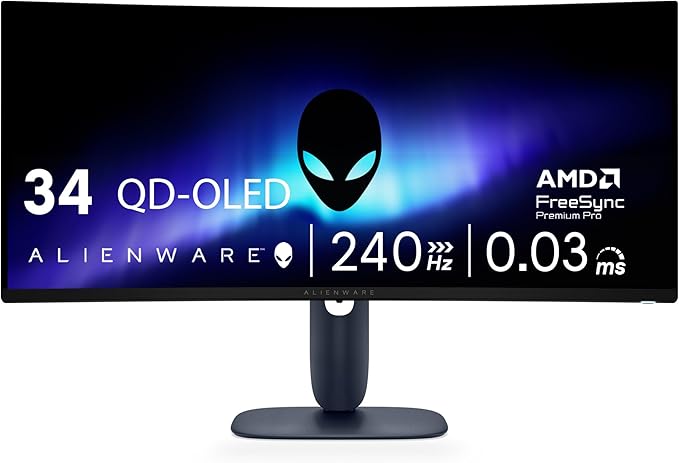 Alienware 34 240Hz QD-OLED Curved Gaming Monitor - AW3425DW - 34.2-inch WQHD (3440 x 1440) 0.03ms Display, 1800R Curve, AMD FreeSync Premium Pro, VESA AdaptiveSync, DisplayHDR TrueBlack 400 by Alienware